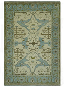 Beige and Aqua Hand Knotted 6x9 Traditional Oriental Oushak wool area rug by The Rug Decor
