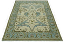 Beige and Aqua Hand Knotted 6x9 Traditional Oriental Oushak wool area rug by The Rug Decor