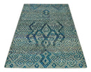 Beige and Blue 5x7.6 Large design Hand Knotted wool area rug