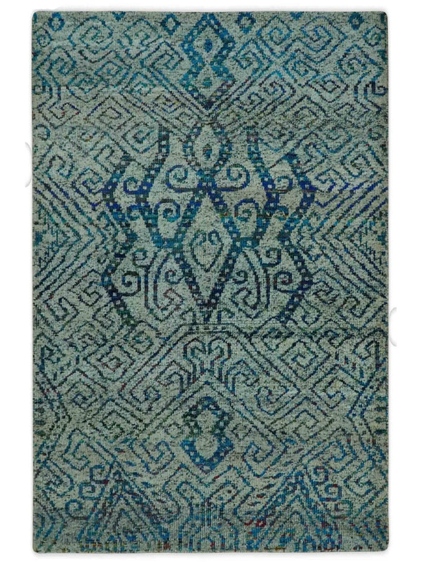 Beige and Blue Hand-Knotted Wool Area Rug 5x7.6 Large Design