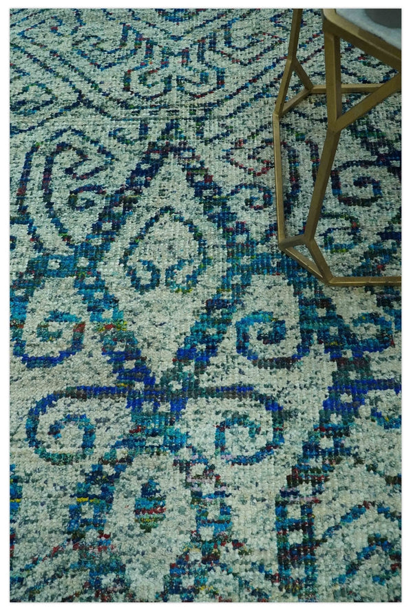 Beige and Blue Hand-Knotted Wool Area Rug 5x7.6 Large Design, photo 2 of 10