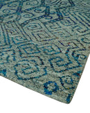 Beige and Blue 5x7.6 Large design Hand Knotted wool area rug