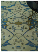 Beige and Blue Hand Knotted Oushak Custom Made wool Rug