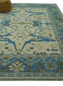 Beige and Blue Hand Knotted Oushak Custom Made wool Rug