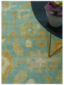 Beige And Blue Traditional 8x10 Hand Knotted Wool Area Rug
