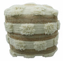 Beige and Ivory Geometrical Stripes Design Fringed wool and jute Pouf