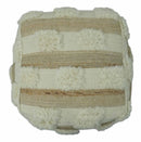 Beige and Ivory Geometrical Stripes Design Fringed wool and jute Pouf