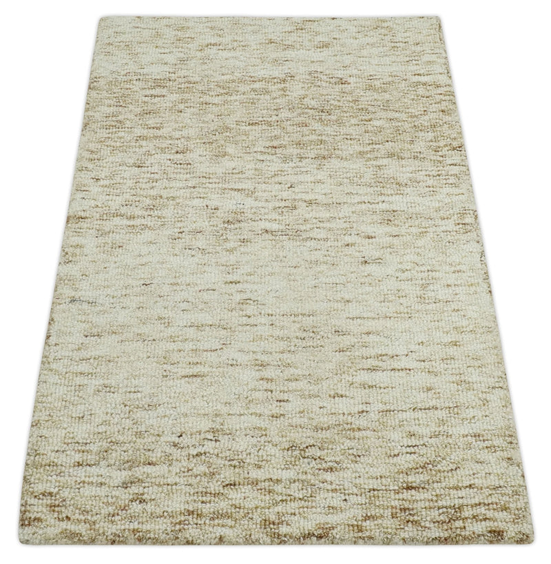 Beige and Ivory Shaded Solid Wool Hand Woven Multi Size Rug