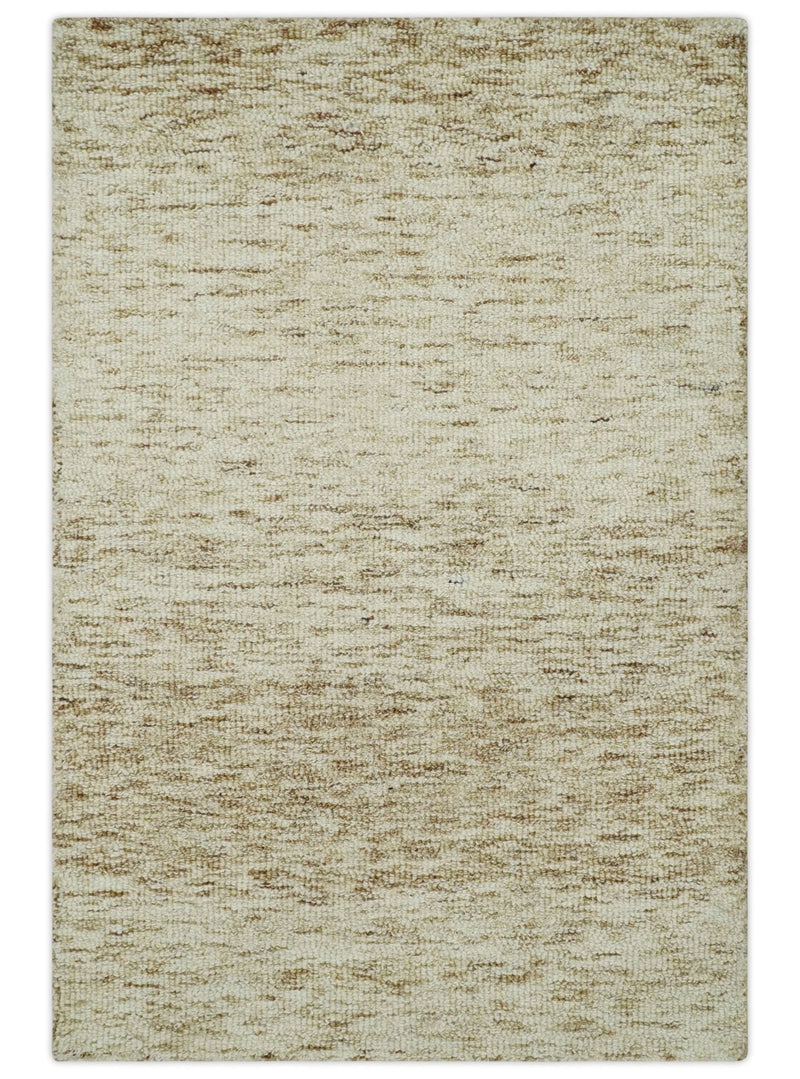 Beige and Ivory Shaded Solid Wool Hand Woven Multi Size Rug