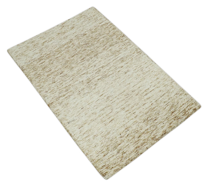 Beige and Ivory Shaded Solid Wool Hand Woven Multi Size Rug