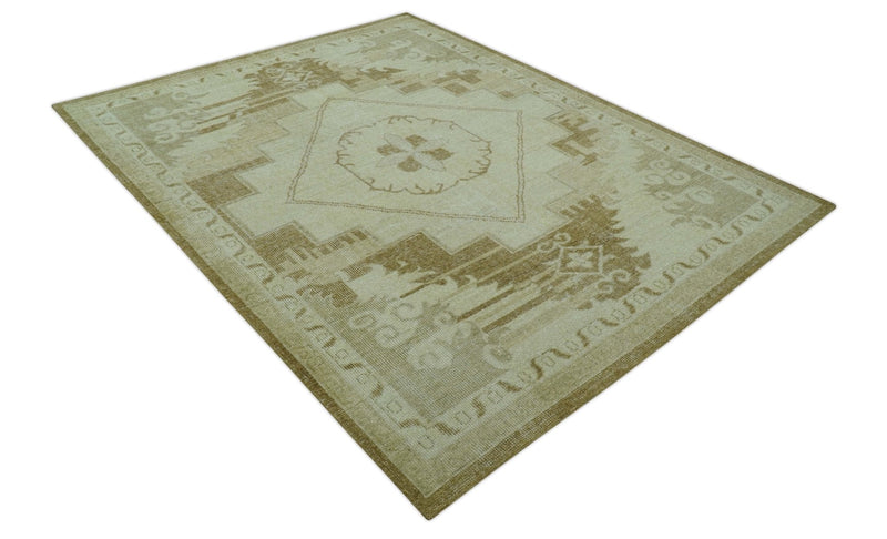 Beige and Olive 8x10 Hand Knotted Traditional Low Pile wool area rug