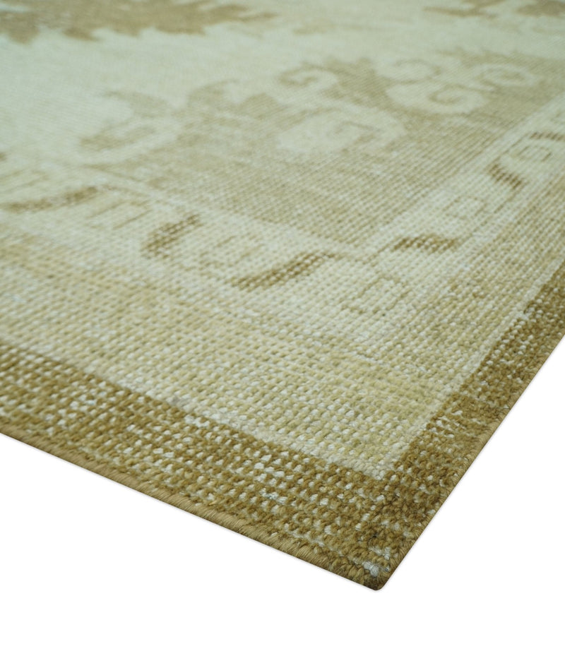 Beige and Olive 8x10 Hand Knotted Traditional Low Pile wool area rug