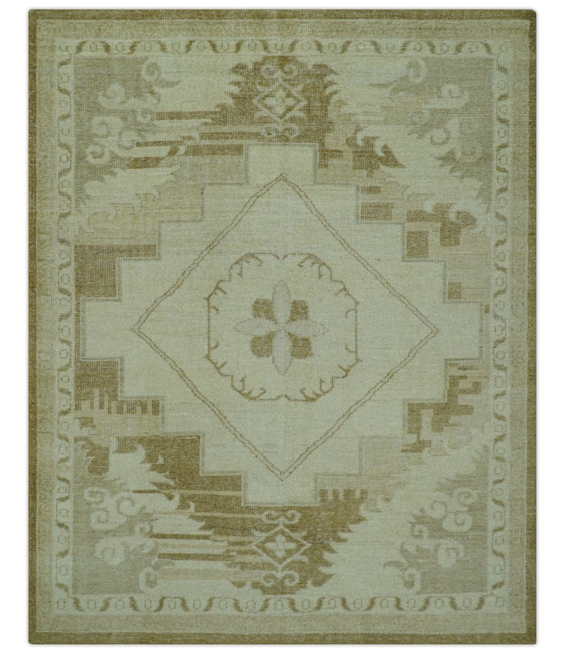 Beige and Olive 8x10 Hand Knotted Traditional Low Pile wool area rug