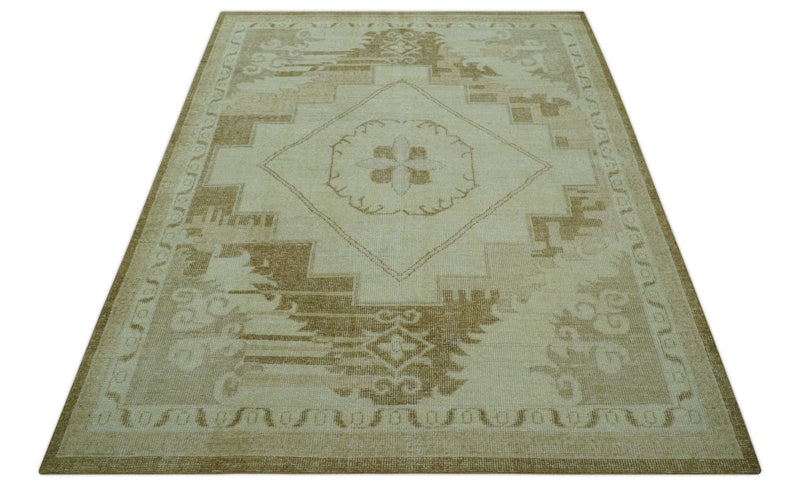 Beige and Olive 8x10 Hand Knotted Traditional Low Pile wool area rug