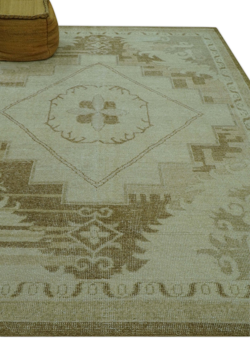 Beige and Olive 8x10 Hand Knotted Traditional Low Pile wool area rug