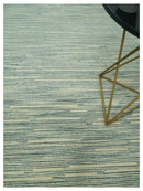 Ivory and Teal Hand Tufted Wool Area Rug Modern Stripes 8x10