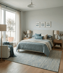 Ivory and Teal Hand Tufted Wool Area Rug Modern Stripes 8x10