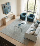 Ivory and Teal Hand Tufted Wool Area Rug Modern Stripes 8x10