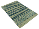 Beige and Teal Modern stripes Design Hand Knotted 5x7 wool Area Rug