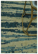 Beige and Teal Modern stripes Design Hand Knotted 5x7 wool Area Rug