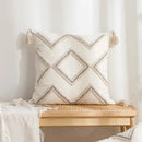 Beige and white geometric embroidery tassel cushion cover living room by Decorbites