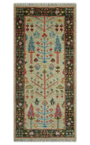 Wool Area Rug Hand Knotted Beige Brown Rust Tree of Life Pattern Traditional Oushak