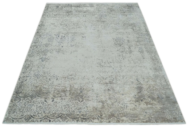 3x5 Beige, Brown and Silver Antique Finish Silk Area Rug