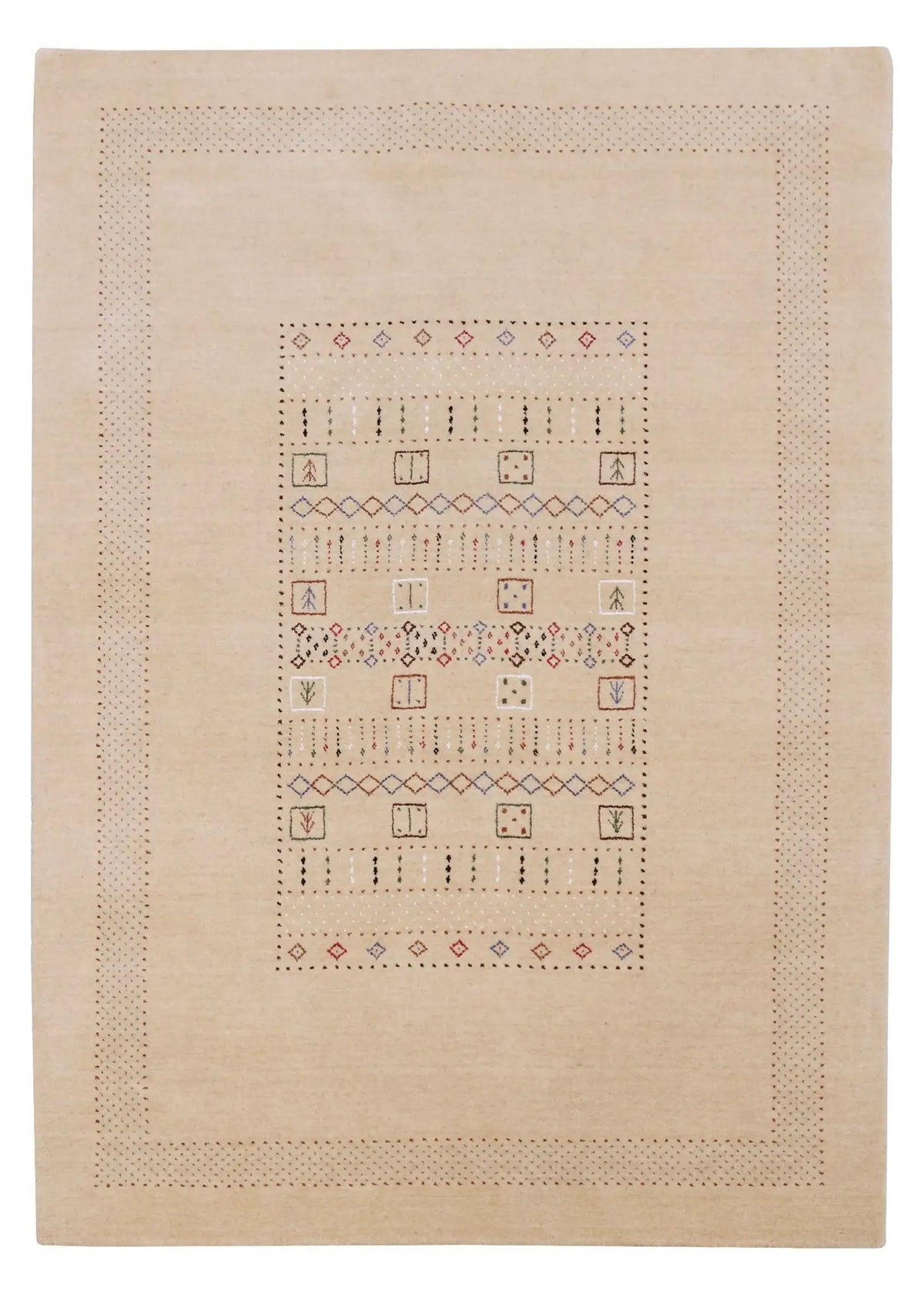 Beige Center Pattern Hand-Loomed Wool Area Rug with Traditional Gabbeh Design