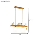 GobekUsa Beige Drum Island Lighting: Simple 2/3 Heads Pendant Lamp with Opaque Glass and Bird on Wood Branch Design