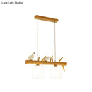 GobekUsa Beige Drum Island Lighting: Simple 2/3 Heads Pendant Lamp with Opaque Glass and Bird on Wood Branch Design