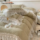 GobekUsa French Lace Ruffles Velvet Bedding Set, Furry Duvet, Sheet, Pillowcases