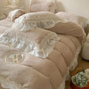 GobekUsa French Lace Ruffles Velvet Bedding Set, Furry Duvet, Sheet, Pillowcases