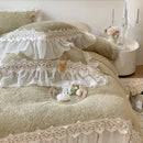 GobekUsa French Lace Ruffles Velvet Bedding Set, Furry Duvet, Sheet, Pillowcases