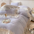 GobekUsa French Lace Ruffles Velvet Bedding Set, Furry Duvet, Sheet, Pillowcases
