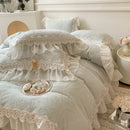 GobekUsa French Lace Ruffles Velvet Bedding Set, Furry Duvet, Sheet, Pillowcases