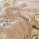 GobekUsa French Lace Ruffles Velvet Bedding Set, Furry Duvet, Sheet, Pillowcases