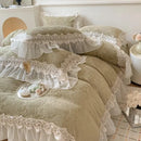 GobekUsa French Lace Ruffles Velvet Bedding Set, Furry Duvet, Sheet, Pillowcases