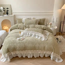 GobekUsa French Lace Ruffles Velvet Bedding Set, Furry Duvet, Sheet, Pillowcases