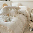 GobekUsa French Lace Ruffles Velvet Bedding Set, Furry Duvet, Sheet, Pillowcases