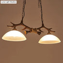GobekUsa Beige Glass Dark Coffee Pendant Light with Antler Decor - Restaurant Hanging Island Light (2 Heads)