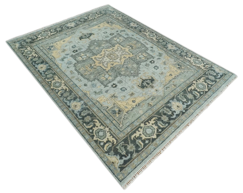 Custom made Beige, Gray and Charcoal Hand Knotted Antique look Traditional Heriz Serapi Wool Rug