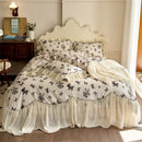 GobekUsa Beige Lace Ruffles Butterfly Flowers Print Bedding Set with Egyptian Cotton Quality