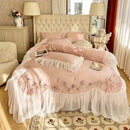 GobekUsa Beige Pink Lace Embroidery Bedding Set Egyptian Cotton Quilt Duvet Cover Sheet