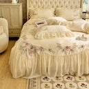 GobekUsa Beige Pink Lace Embroidery Bedding Set Egyptian Cotton Quilt Duvet Cover Sheet