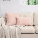 Beige striped corduroy cushion cover with pom poms living room lumbar by Decorbites