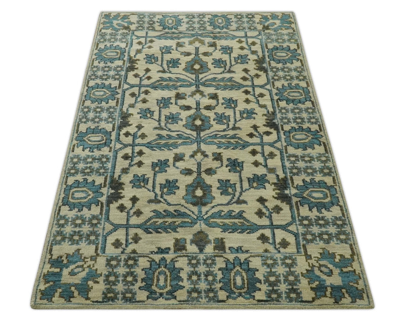 Beige, Teal and Charcoal Traditional Large Design Hand Knotted 5x8 wool Rug