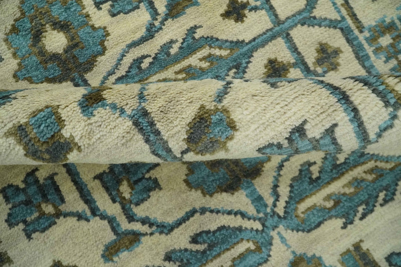 Beige, Teal and Charcoal Traditional Large Design Hand Knotted 5x8 wool Rug