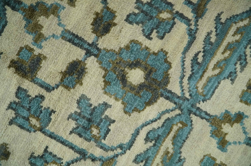 Beige, Teal and Charcoal Traditional Large Design Hand Knotted 5x8 wool Rug