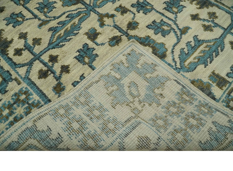 Beige, Teal and Charcoal Traditional Large Design Hand Knotted 5x8 wool Rug
