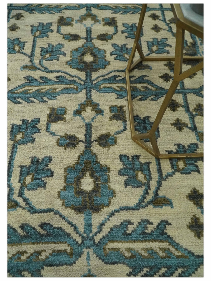 Beige, Teal and Charcoal Traditional Large Design Hand Knotted 5x8 wool Rug